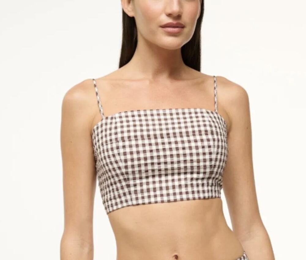 STAUD Federico Cropped Spaghetti Strap Tank Top Dark Chocolate Gingham Large